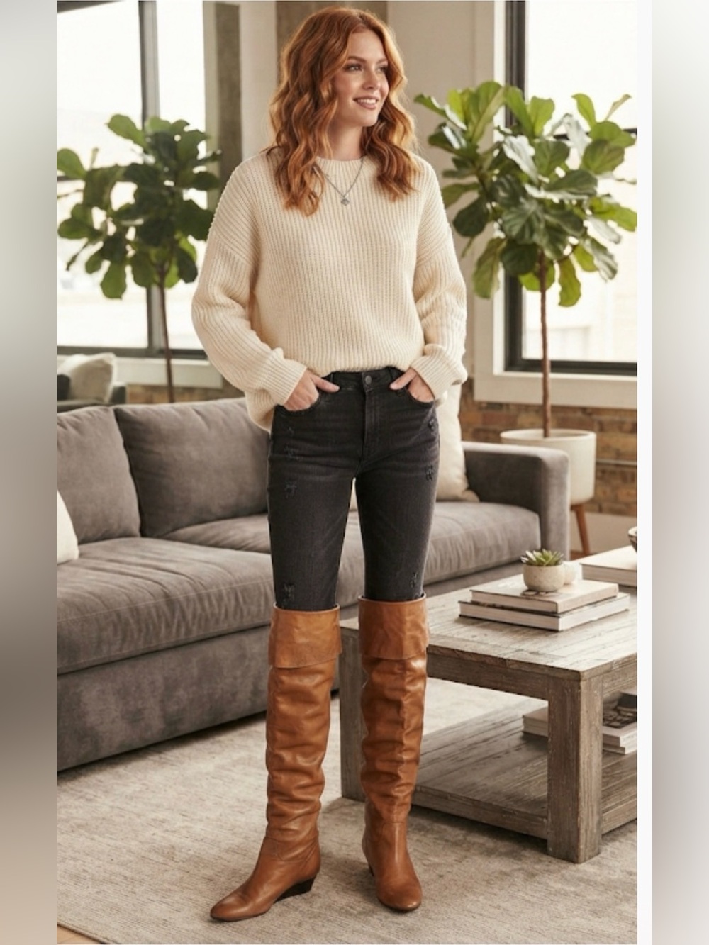 Women’s vintage Tan Bakers Leather Knee-High wedged Boots